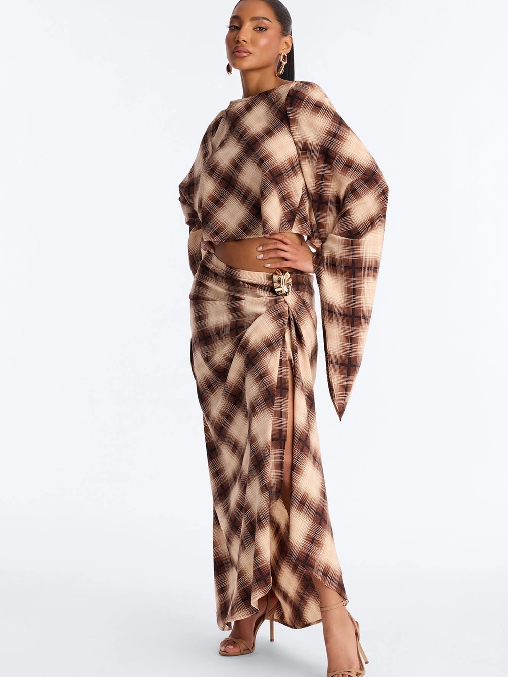 Plaid Maxi Wrap Skirt in Brown Cream